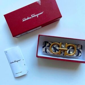 SALVATORE FERRAGAMO GANCINI JACQUARD BARRETTE HAIRCLIP BLAIR WALDORF PREP BRASS